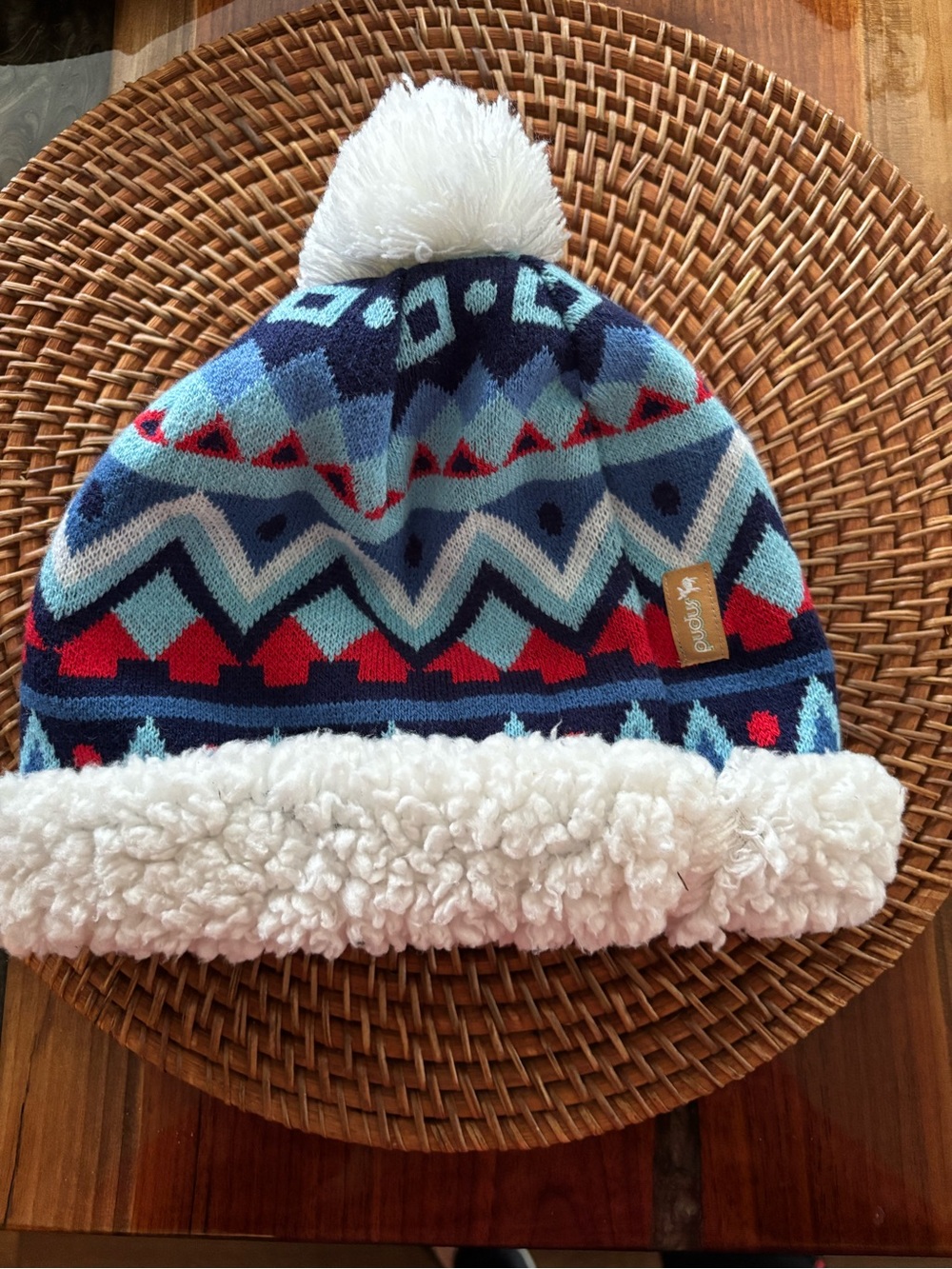 Sherpa-Lined Pom Beanie Hat in Navy, Light Blue & Red